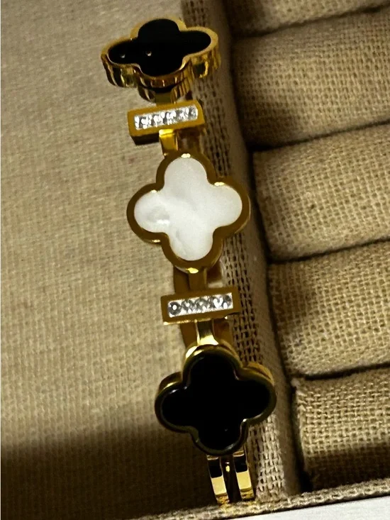 Gold-Tone Clover Link Bracelet with Black and White Inlays - Picture 2 of 7